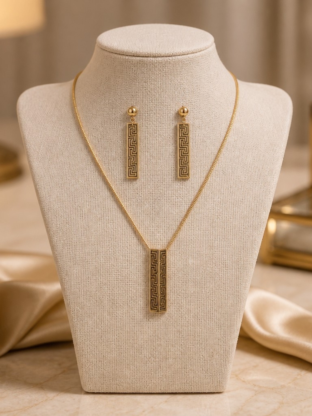 Reed & Barton Greek Key Gold Tone Jewelry Set  Necklace & Matching Drop Earring